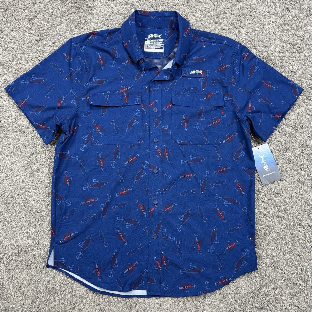 Silver Bait Blue Button Up Vented Fishing Lures Shirt Mens Size M